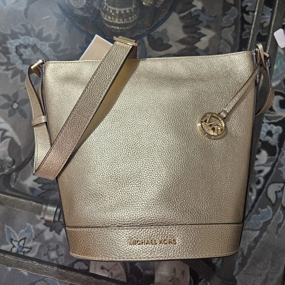 Michael Kors Townsend Small Metallic Gold Pebbled Leather Bucket Crossbody Bag